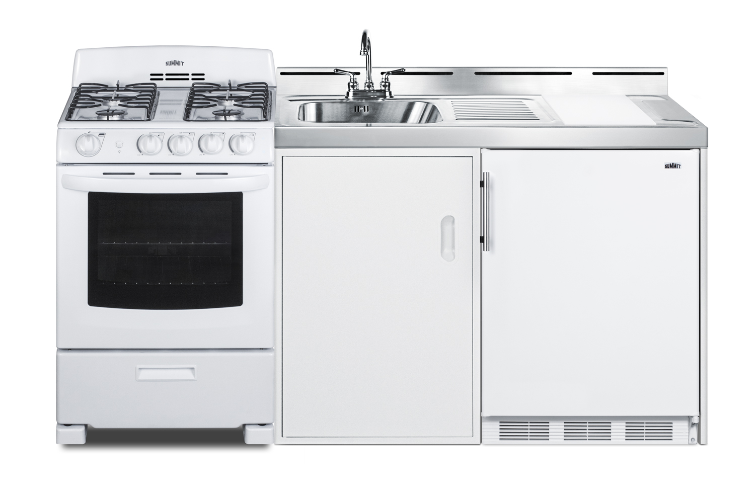 72 inch wide all-in-one kitchenette with 115V 4-burner gas range, refrigerator-freezer, sink, cutting board and cutlery storage, and a storage cabinet